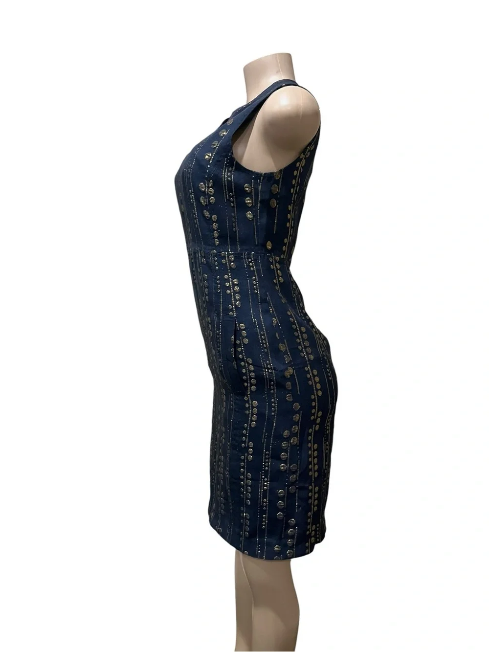 Tory Burch Navy Sleeveless Shift Dress with Metallic Dot Stripes